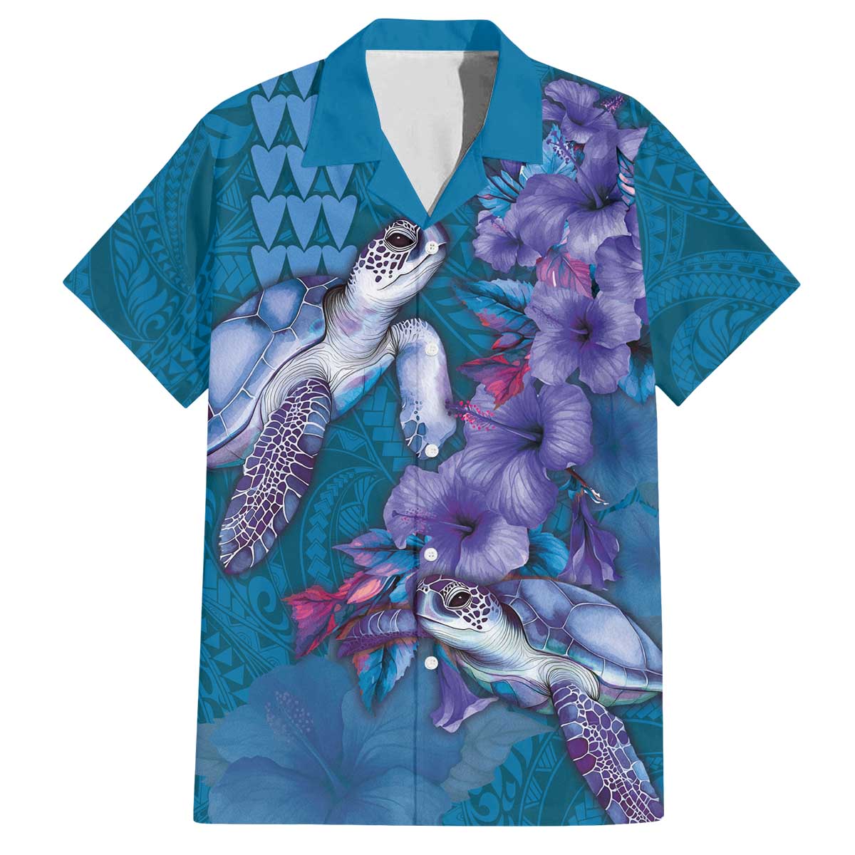 Hawaiian Turtle Love Couple Family Matching Off The Shoulder Long Sleeve Dress and Hawaiian Shirt - Sweet Hibiscus and Kakau Pattern Sapphire Color LT03 Dad's Shirt - Short Sleeve Blue - Polynesian Pride