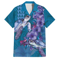 Hawaiian Turtle Love Couple Family Matching Off The Shoulder Long Sleeve Dress and Hawaiian Shirt - Sweet Hibiscus and Kakau Pattern Sapphire Color LT03 Dad's Shirt - Short Sleeve Blue - Polynesian Pride