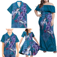 Hawaiian Turtle Love Couple Family Matching Off Shoulder Maxi Dress and Hawaiian Shirt - Sweet Hibiscus and Kakau Pattern Sapphire Color LT03 - Polynesian Pride