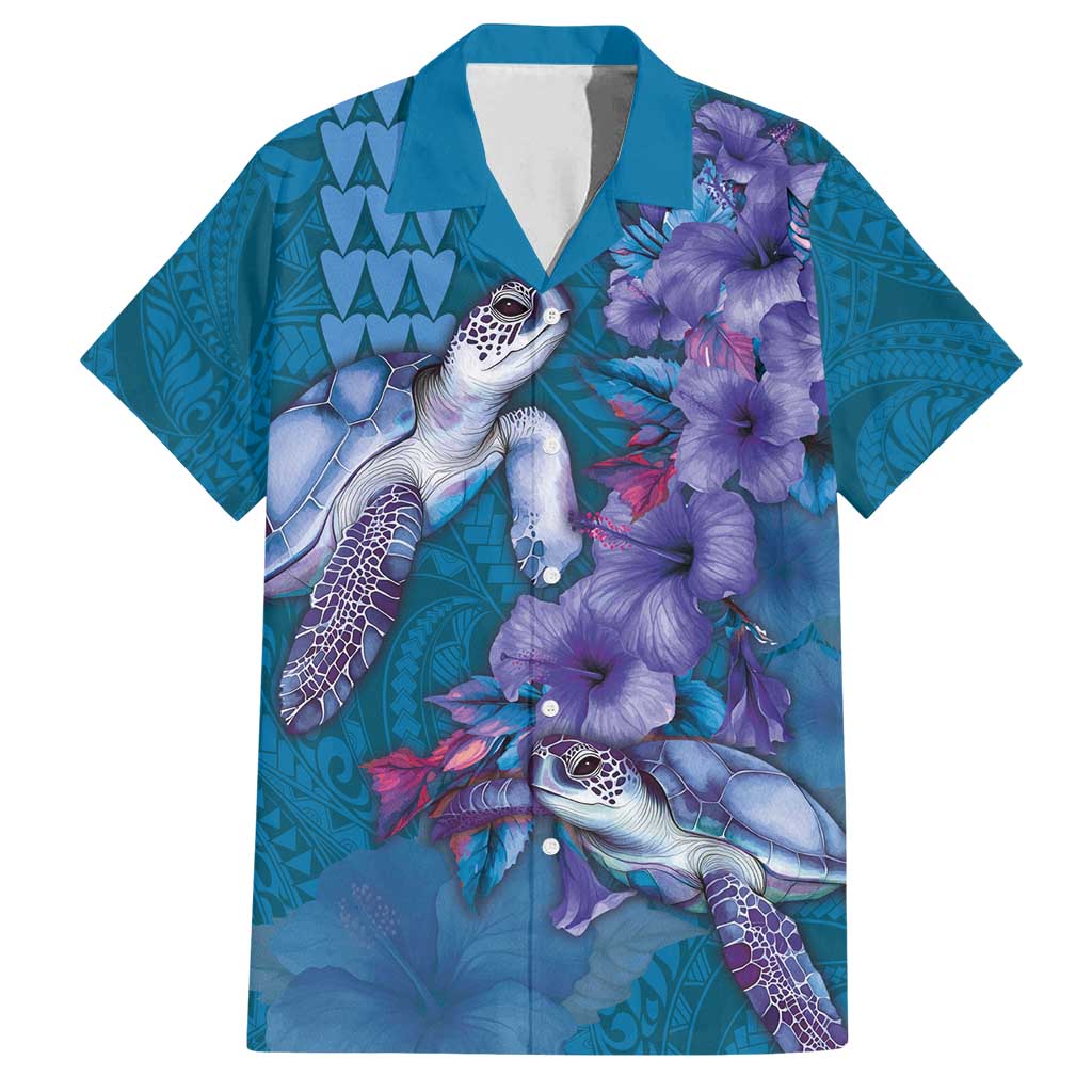 Hawaiian Turtle Love Couple Family Matching Off Shoulder Maxi Dress and Hawaiian Shirt - Sweet Hibiscus and Kakau Pattern Sapphire Color LT03 Dad's Shirt - Short Sleeve Blue - Polynesian Pride