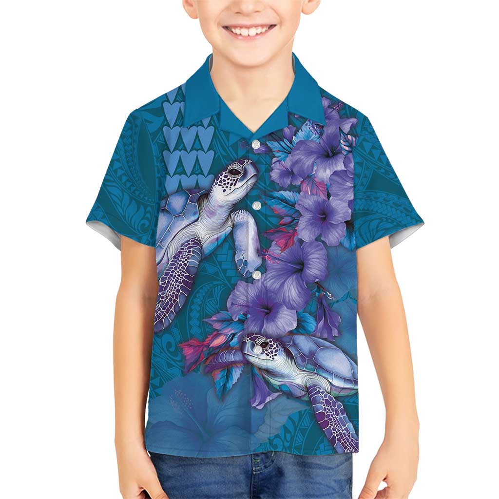 Hawaiian Turtle Love Couple Family Matching Off Shoulder Maxi Dress and Hawaiian Shirt - Sweet Hibiscus and Kakau Pattern Sapphire Color LT03 Son's Shirt Blue - Polynesian Pride