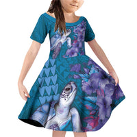 Hawaiian Turtle Love Couple Family Matching Off Shoulder Short Dress and Hawaiian Shirt - Sweet Hibiscus and Kakau Pattern Sapphire Color LT03 Daughter's Dress Blue - Polynesian Pride