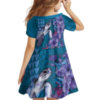 Hawaiian Turtle Love Couple Family Matching Off Shoulder Short Dress and Hawaiian Shirt - Sweet Hibiscus and Kakau Pattern Sapphire Color LT03 - Polynesian Pride
