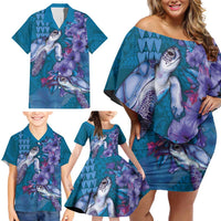 Hawaiian Turtle Love Couple Family Matching Off Shoulder Short Dress and Hawaiian Shirt - Sweet Hibiscus and Kakau Pattern Sapphire Color LT03 - Polynesian Pride