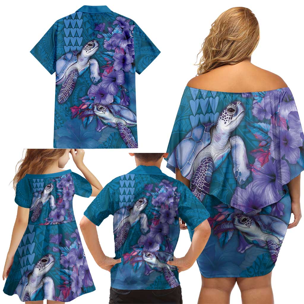Hawaiian Turtle Love Couple Family Matching Off Shoulder Short Dress and Hawaiian Shirt - Sweet Hibiscus and Kakau Pattern Sapphire Color LT03 - Polynesian Pride