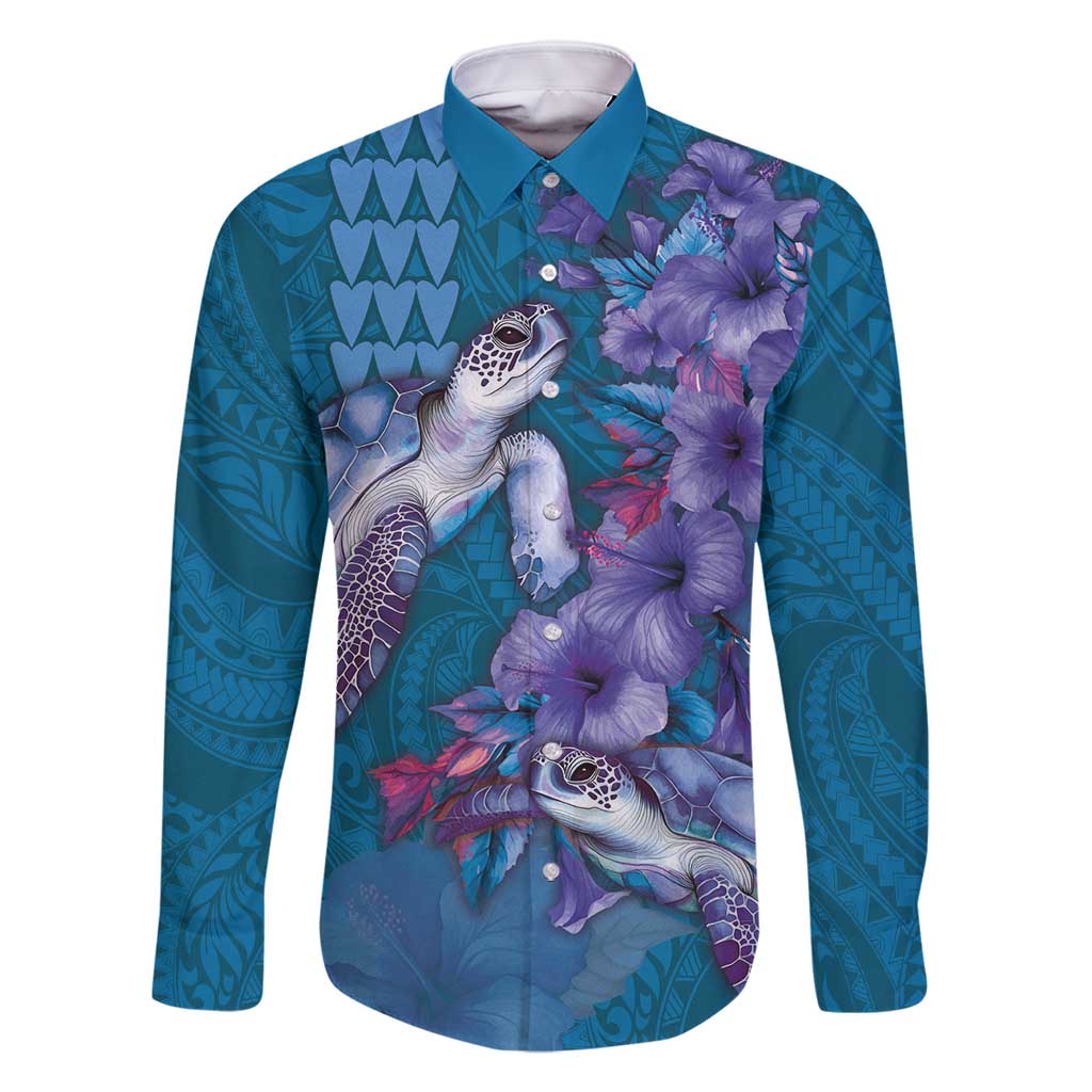 Hawaiian Turtle Love Couple Family Matching Off Shoulder Short Dress and Hawaiian Shirt - Sweet Hibiscus and Kakau Pattern Sapphire Color LT03 Dad's Shirt - Long Sleeve Blue - Polynesian Pride