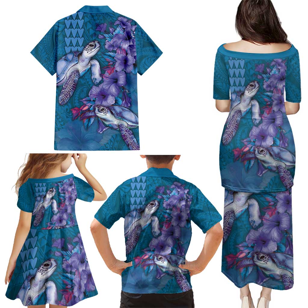 Hawaiian Turtle Love Couple Family Matching Puletasi and Hawaiian Shirt - Sweet Hibiscus and Kakau Pattern Sapphire Color LT03 - Polynesian Pride
