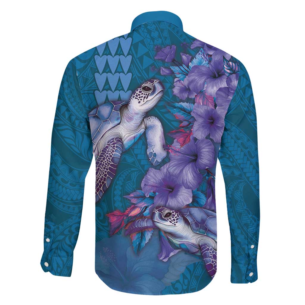 Hawaiian Turtle Love Couple Family Matching Puletasi and Hawaiian Shirt - Sweet Hibiscus and Kakau Pattern Sapphire Color LT03 - Polynesian Pride