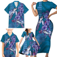Hawaiian Turtle Love Couple Family Matching Short Sleeve Bodycon Dress and Hawaiian Shirt - Sweet Hibiscus and Kakau Pattern Sapphire Color LT03 - Polynesian Pride