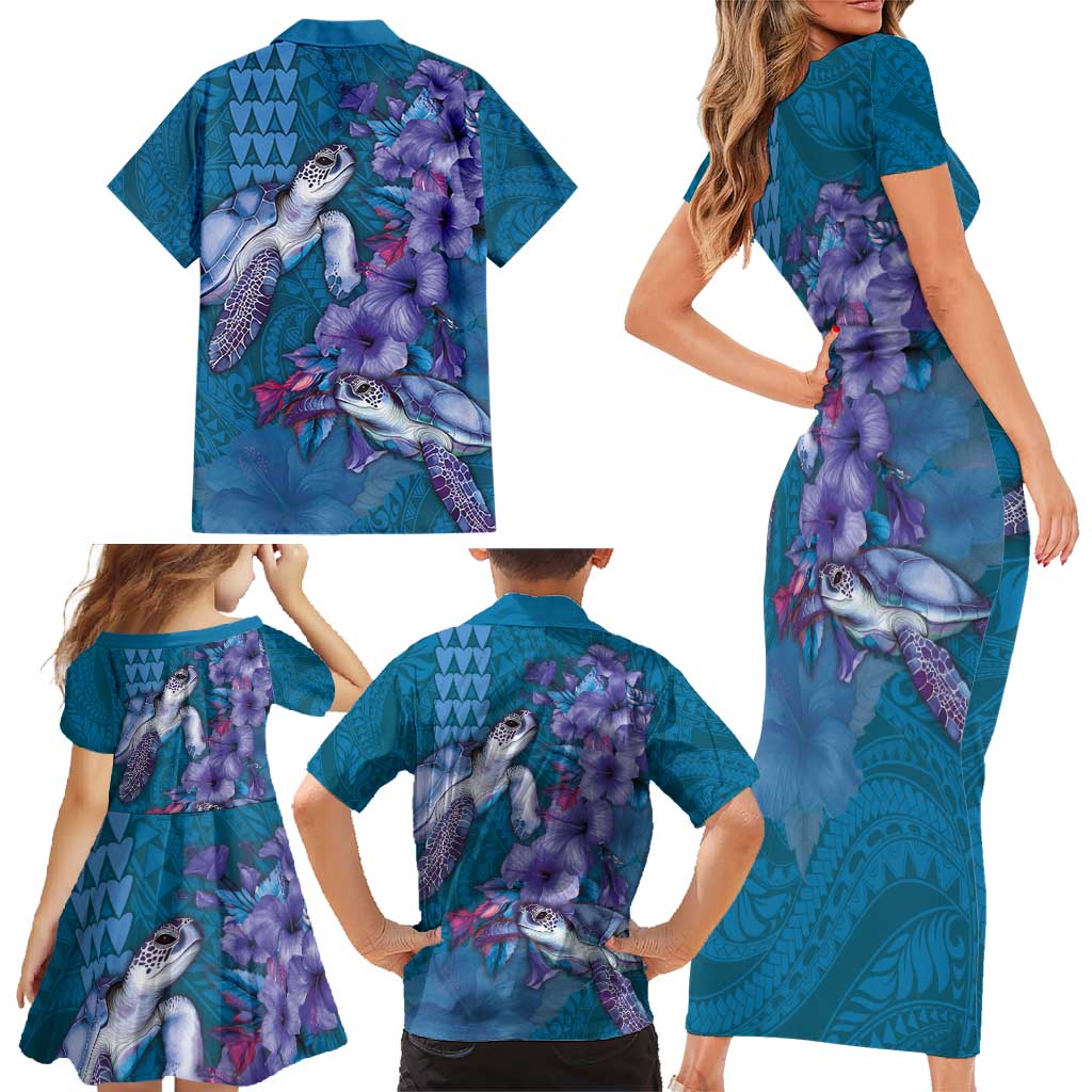 Hawaiian Turtle Love Couple Family Matching Short Sleeve Bodycon Dress and Hawaiian Shirt - Sweet Hibiscus and Kakau Pattern Sapphire Color LT03 - Polynesian Pride