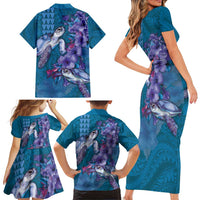 Hawaiian Turtle Love Couple Family Matching Short Sleeve Bodycon Dress and Hawaiian Shirt - Sweet Hibiscus and Kakau Pattern Sapphire Color LT03 - Polynesian Pride