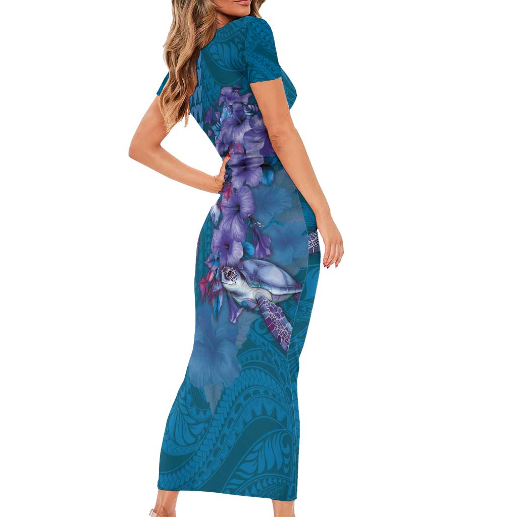 Hawaiian Turtle Love Couple Family Matching Short Sleeve Bodycon Dress and Hawaiian Shirt - Sweet Hibiscus and Kakau Pattern Sapphire Color LT03 - Polynesian Pride