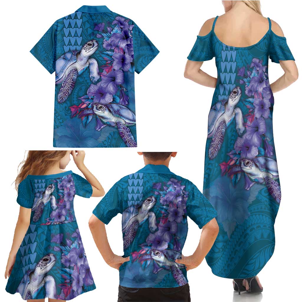 Hawaiian Turtle Love Couple Family Matching Summer Maxi Dress and Hawaiian Shirt - Sweet Hibiscus and Kakau Pattern Sapphire Color LT03 - Polynesian Pride