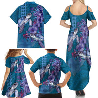 Hawaiian Turtle Love Couple Family Matching Summer Maxi Dress and Hawaiian Shirt - Sweet Hibiscus and Kakau Pattern Sapphire Color LT03 - Polynesian Pride