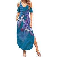 Hawaiian Turtle Love Couple Family Matching Summer Maxi Dress and Hawaiian Shirt - Sweet Hibiscus and Kakau Pattern Sapphire Color LT03 Mom's Dress Blue - Polynesian Pride