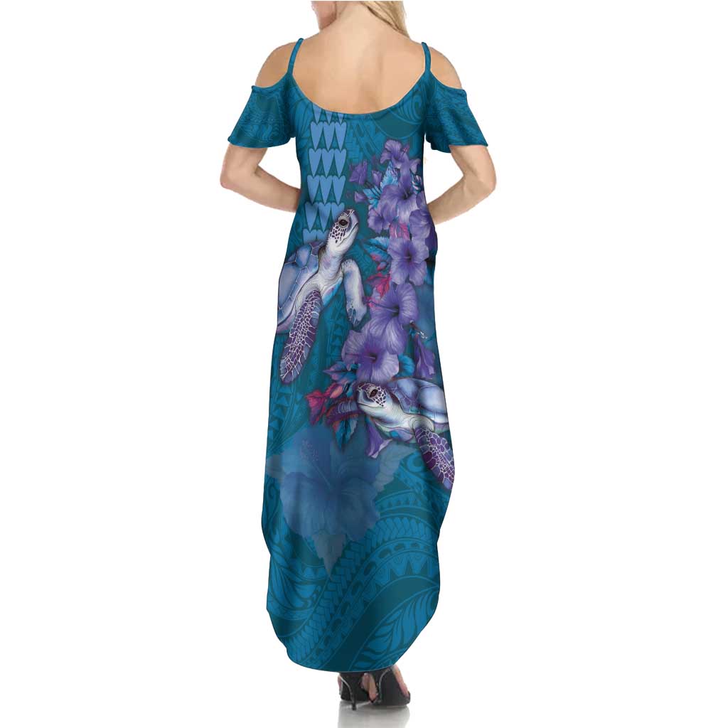 Hawaiian Turtle Love Couple Family Matching Summer Maxi Dress and Hawaiian Shirt - Sweet Hibiscus and Kakau Pattern Sapphire Color LT03 - Polynesian Pride