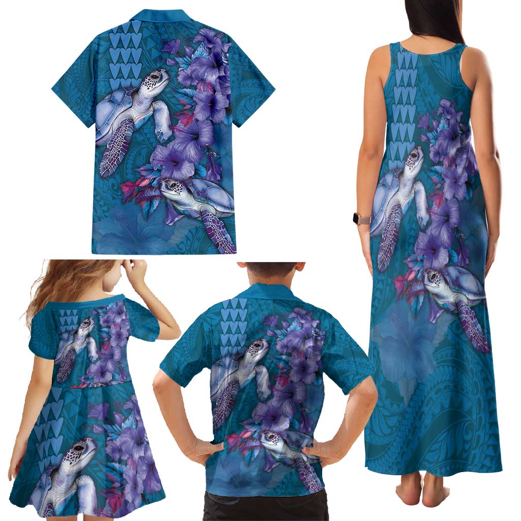 Hawaiian Turtle Love Couple Family Matching Tank Maxi Dress and Hawaiian Shirt - Sweet Hibiscus and Kakau Pattern Sapphire Color LT03 - Polynesian Pride