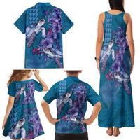 Hawaiian Turtle Love Couple Family Matching Tank Maxi Dress and Hawaiian Shirt - Sweet Hibiscus and Kakau Pattern Sapphire Color LT03 - Polynesian Pride