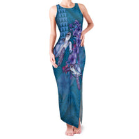 Hawaiian Turtle Love Couple Family Matching Tank Maxi Dress and Hawaiian Shirt - Sweet Hibiscus and Kakau Pattern Sapphire Color LT03 Mom's Dress Blue - Polynesian Pride
