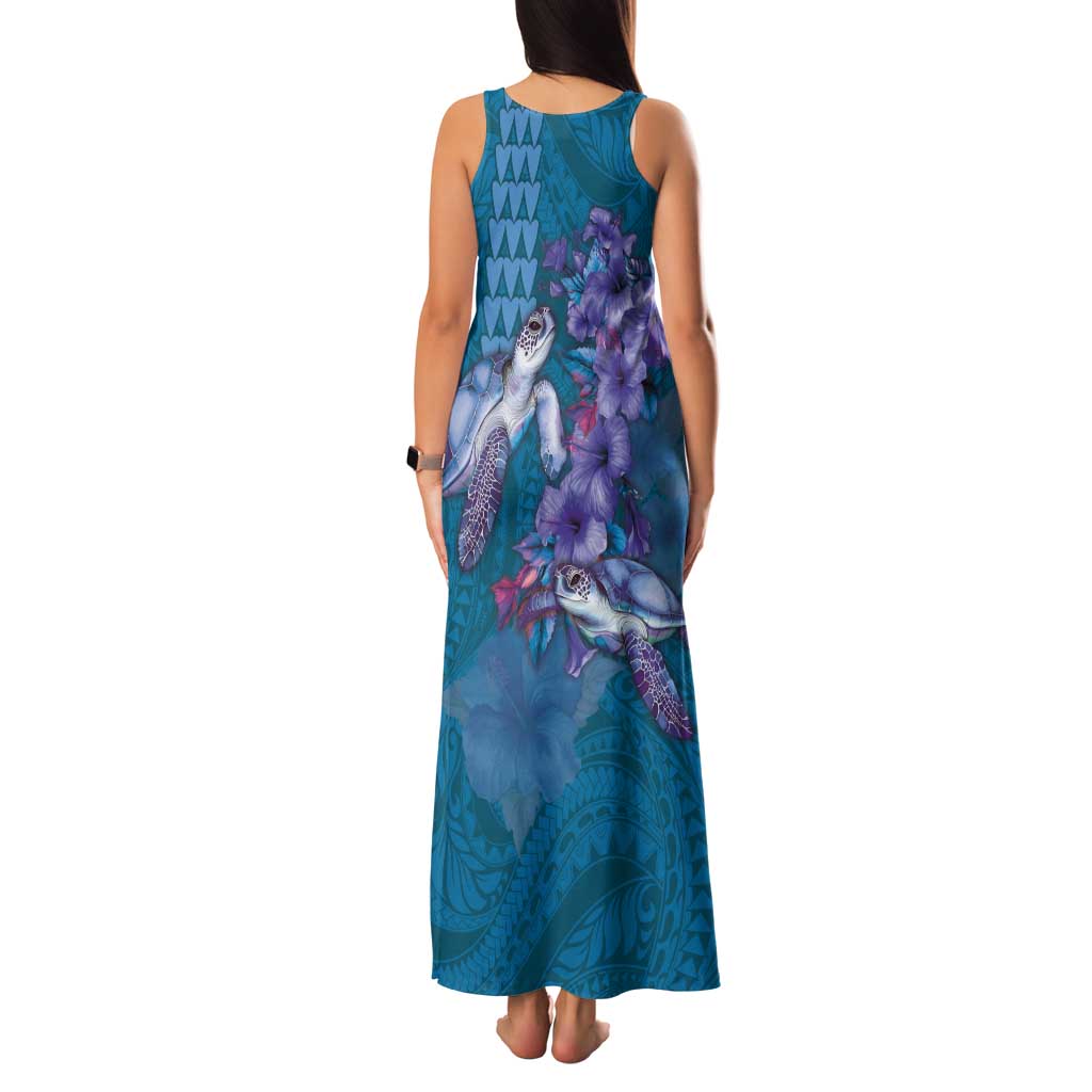 Hawaiian Turtle Love Couple Family Matching Tank Maxi Dress and Hawaiian Shirt - Sweet Hibiscus and Kakau Pattern Sapphire Color LT03 - Polynesian Pride