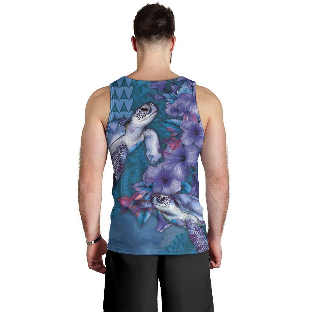 Hawaiian Turtle Love Couple Men Tank Top - Sweet Hibiscus and Kakau Pattern Sapphire Color