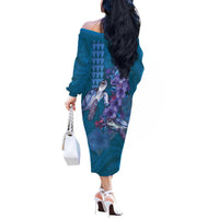 Hawaiian Turtle Love Couple Off The Shoulder Long Sleeve Dress - Sweet Hibiscus and Kakau Pattern Sapphire Color