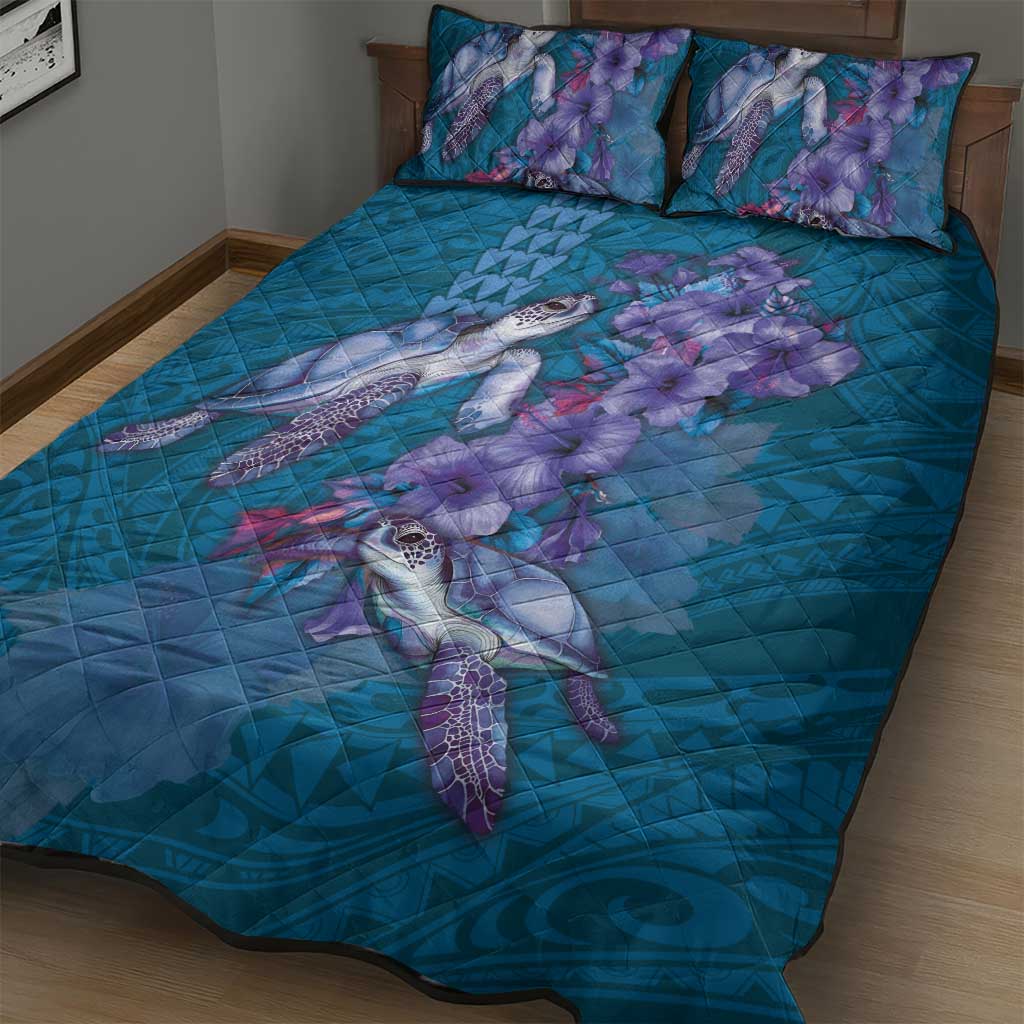 Hawaiian Turtle Love Couple Quilt Bed Set - Sweet Hibiscus and Kakau Pattern Sapphire Color