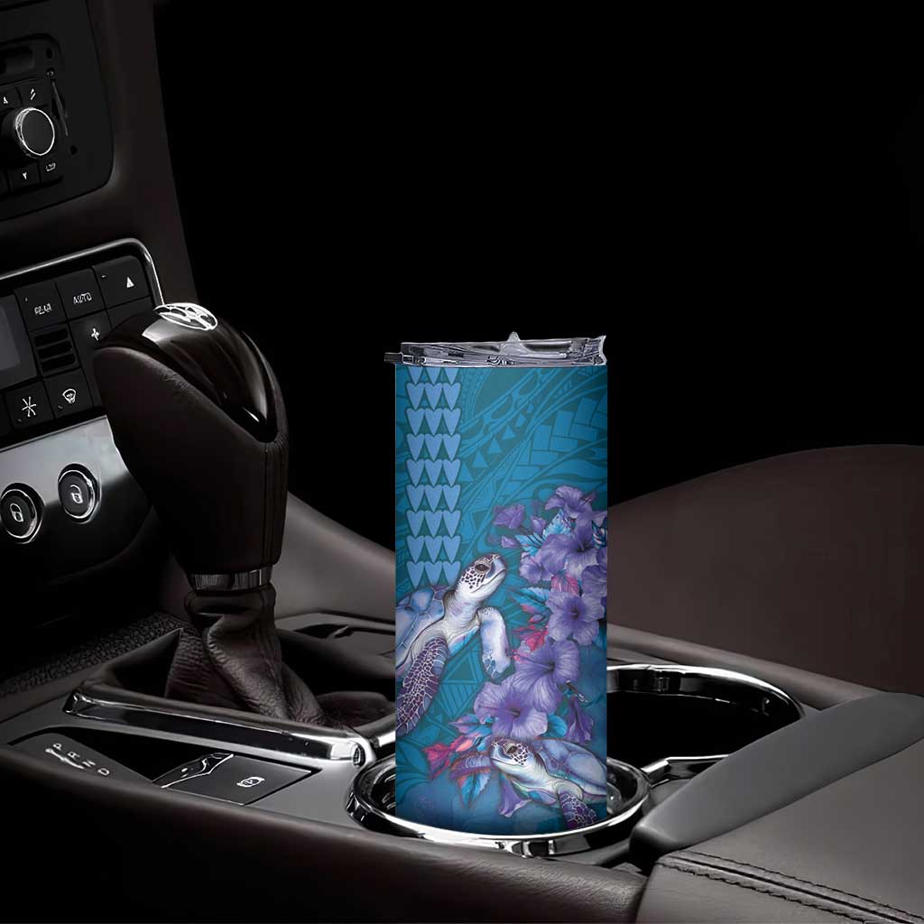 Hawaiian Turtle Love Couple Skinny Tumbler Sweet Hibiscus and Kakau Pattern Sapphire Color LT03 - Polynesian Pride