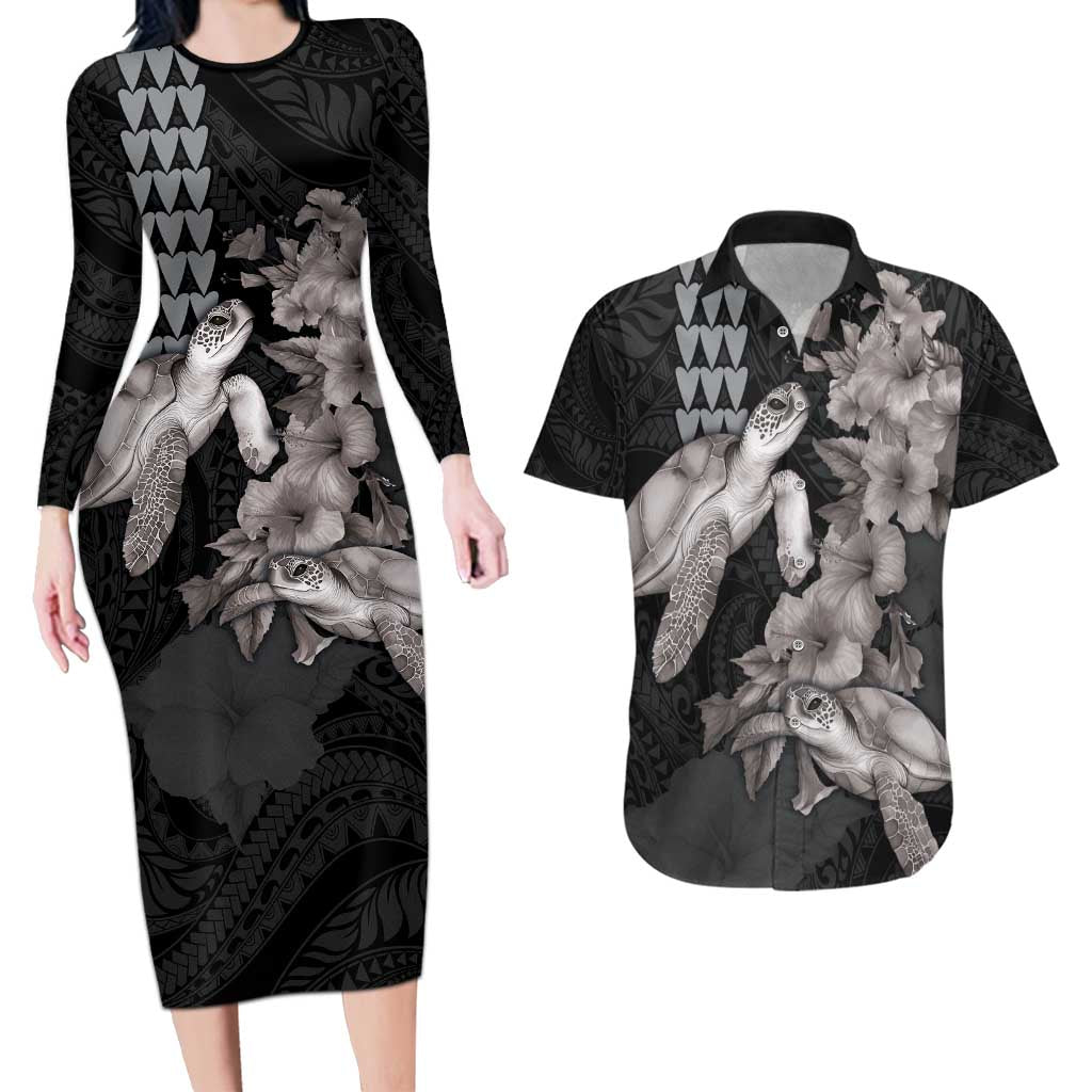 Hawaiian Turtle Love Couple Couples Matching Long Sleeve Bodycon Dress and Hawaiian Shirt - Sweet Hibiscus and Kakau Pattern Grayscale Color LT03 Black - Polynesian Pride