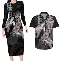 Hawaiian Turtle Love Couple Couples Matching Long Sleeve Bodycon Dress and Hawaiian Shirt - Sweet Hibiscus and Kakau Pattern Grayscale Color LT03 Black - Polynesian Pride