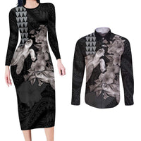 Hawaiian Turtle Love Couple Couples Matching Long Sleeve Bodycon Dress and Long Sleeve Button Shirt - Sweet Hibiscus and Kakau Pattern Grayscale Color LT03 Black - Polynesian Pride