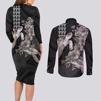 Hawaiian Turtle Love Couple Couples Matching Long Sleeve Bodycon Dress and Long Sleeve Button Shirt - Sweet Hibiscus and Kakau Pattern Grayscale Color LT03 - Polynesian Pride