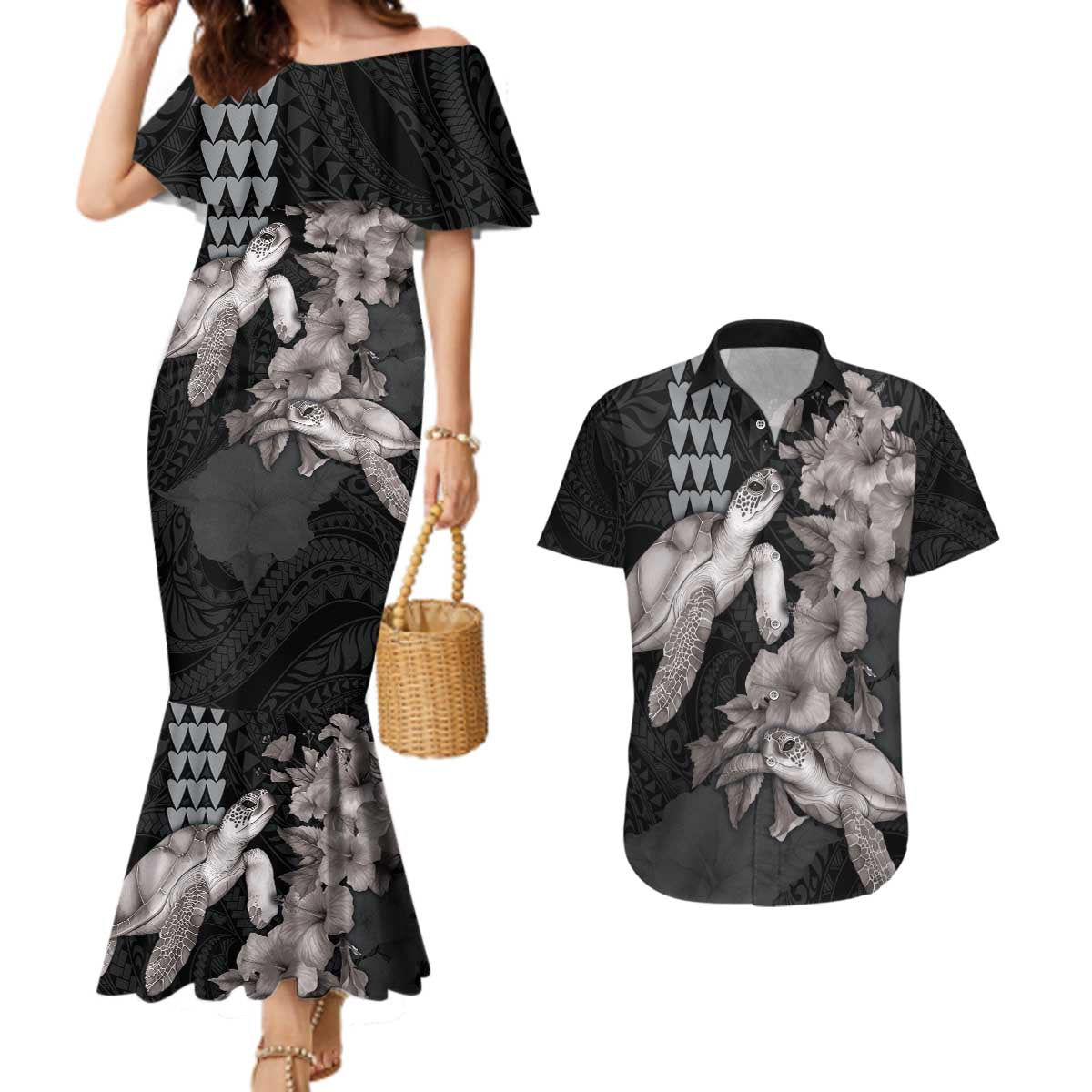 Hawaiian Turtle Love Couple Couples Matching Mermaid Dress and Hawaiian Shirt - Sweet Hibiscus and Kakau Pattern Grayscale Color LT03 Black - Polynesian Pride
