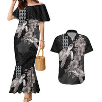 Hawaiian Turtle Love Couple Couples Matching Mermaid Dress and Hawaiian Shirt - Sweet Hibiscus and Kakau Pattern Grayscale Color LT03 Black - Polynesian Pride