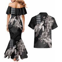 Hawaiian Turtle Love Couple Couples Matching Mermaid Dress and Hawaiian Shirt - Sweet Hibiscus and Kakau Pattern Grayscale Color LT03 - Polynesian Pride