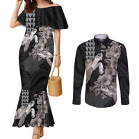 Hawaiian Turtle Love Couple Couples Matching Mermaid Dress and Long Sleeve Button Shirt - Sweet Hibiscus and Kakau Pattern Grayscale Color LT03 Black - Polynesian Pride