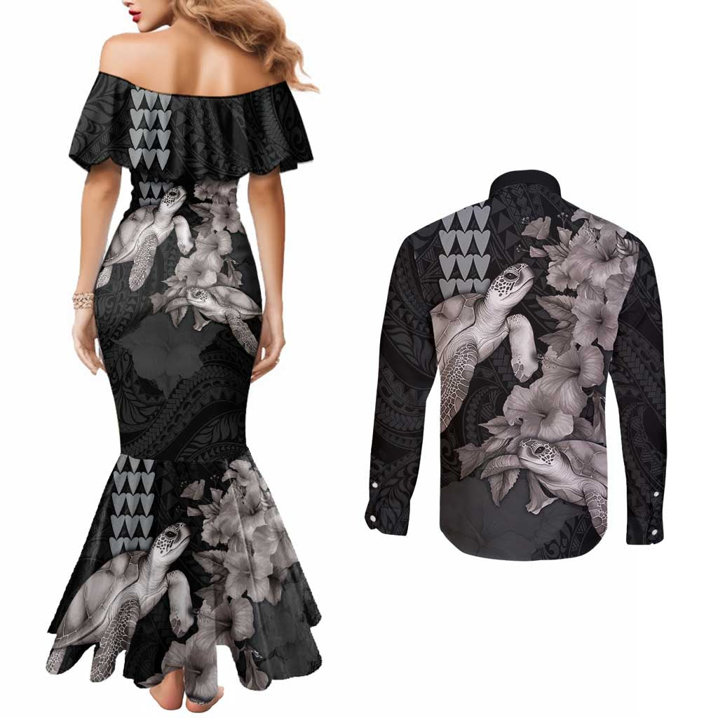 Hawaiian Turtle Love Couple Couples Matching Mermaid Dress and Long Sleeve Button Shirt - Sweet Hibiscus and Kakau Pattern Grayscale Color LT03 - Polynesian Pride