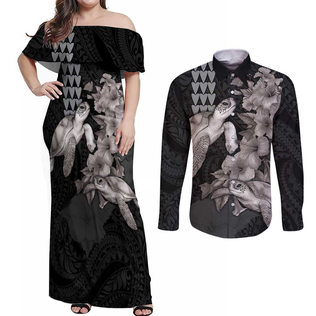 Hawaiian Turtle Love Couple Couples Matching Off Shoulder Maxi Dress and Long Sleeve Button Shirt - Sweet Hibiscus and Kakau Pattern Grayscale Color LT03 Black - Polynesian Pride
