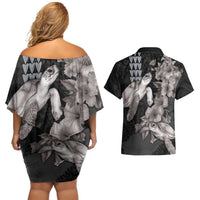 Hawaiian Turtle Love Couple Couples Matching Off Shoulder Short Dress and Hawaiian Shirt - Sweet Hibiscus and Kakau Pattern Grayscale Color LT03 - Polynesian Pride