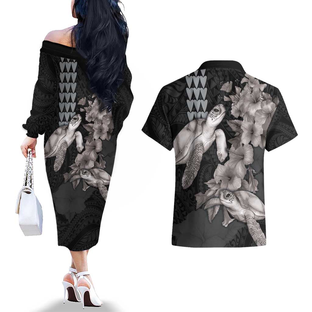 Hawaiian Turtle Love Couple Couples Matching Off The Shoulder Long Sleeve Dress and Hawaiian Shirt - Sweet Hibiscus and Kakau Pattern Grayscale Color LT03 - Polynesian Pride