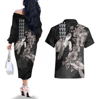 Hawaiian Turtle Love Couple Couples Matching Off The Shoulder Long Sleeve Dress and Hawaiian Shirt - Sweet Hibiscus and Kakau Pattern Grayscale Color LT03 - Polynesian Pride