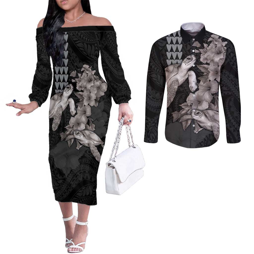 Hawaiian Turtle Love Couple Couples Matching Off The Shoulder Long Sleeve Dress and Long Sleeve Button Shirt - Sweet Hibiscus and Kakau Pattern Grayscale Color LT03 Black - Polynesian Pride