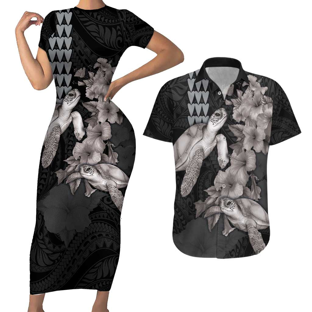 Hawaiian Turtle Love Couple Couples Matching Short Sleeve Bodycon Dress and Hawaiian Shirt - Sweet Hibiscus and Kakau Pattern Grayscale Color LT03 Black - Polynesian Pride