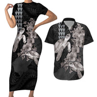 Hawaiian Turtle Love Couple Couples Matching Short Sleeve Bodycon Dress and Hawaiian Shirt - Sweet Hibiscus and Kakau Pattern Grayscale Color LT03 Black - Polynesian Pride