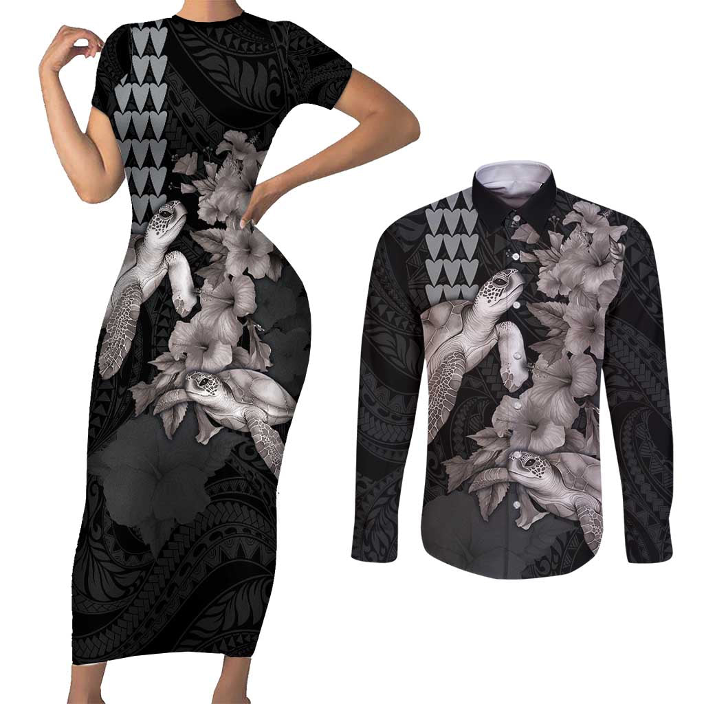 Hawaiian Turtle Love Couple Couples Matching Short Sleeve Bodycon Dress and Long Sleeve Button Shirt - Sweet Hibiscus and Kakau Pattern Grayscale Color LT03 Black - Polynesian Pride