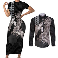Hawaiian Turtle Love Couple Couples Matching Short Sleeve Bodycon Dress and Long Sleeve Button Shirt - Sweet Hibiscus and Kakau Pattern Grayscale Color LT03 Black - Polynesian Pride