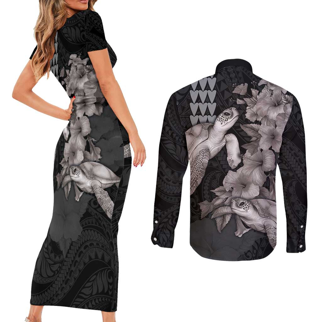 Hawaiian Turtle Love Couple Couples Matching Short Sleeve Bodycon Dress and Long Sleeve Button Shirt - Sweet Hibiscus and Kakau Pattern Grayscale Color LT03 - Polynesian Pride