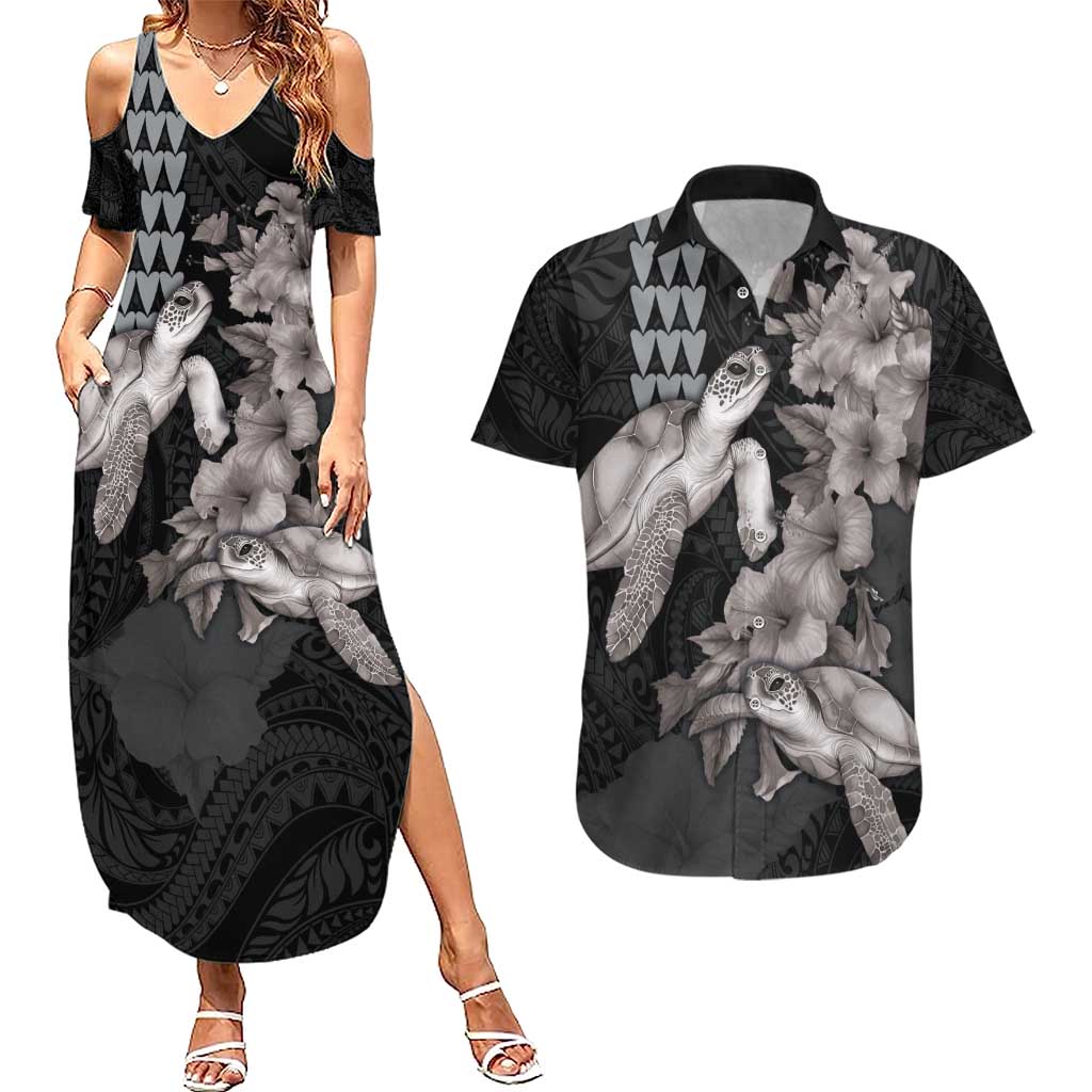 Hawaiian Turtle Love Couple Couples Matching Summer Maxi Dress and Hawaiian Shirt - Sweet Hibiscus and Kakau Pattern Grayscale Color LT03 Black - Polynesian Pride