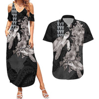 Hawaiian Turtle Love Couple Couples Matching Summer Maxi Dress and Hawaiian Shirt - Sweet Hibiscus and Kakau Pattern Grayscale Color LT03 Black - Polynesian Pride