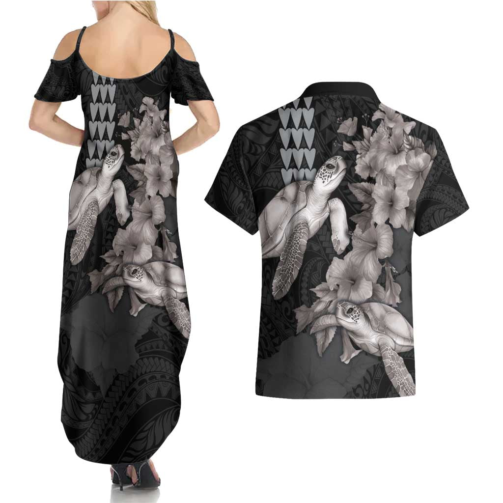 Hawaiian Turtle Love Couple Couples Matching Summer Maxi Dress and Hawaiian Shirt - Sweet Hibiscus and Kakau Pattern Grayscale Color LT03 - Polynesian Pride